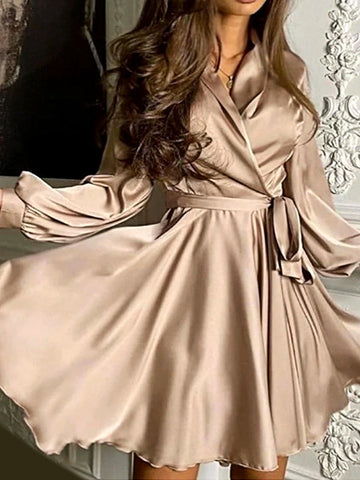 Woochic mini-robe trapèze satin avec ceinture v-cou manches longues doux cocktail Marron S